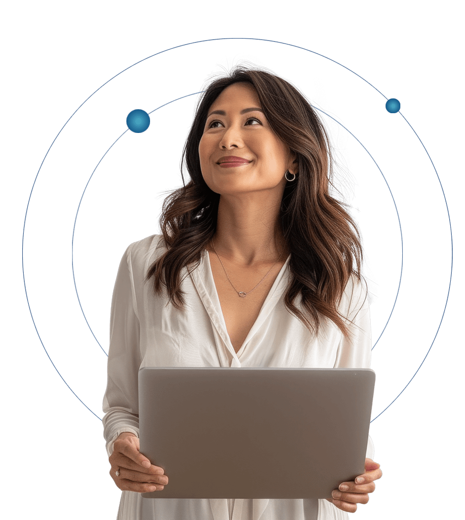 asian-woman-holding-computer-looking-up-smiling-coach-approach-training-institute